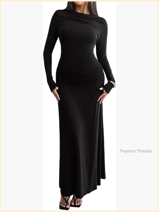 Dresses & Skirts - Crew Neck Ruched Bodycon Long Sleeve Maxi Dress